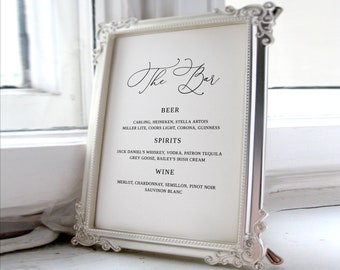 Wedding Bar Sign, The Bar Wedding Sign, Wedding Bar Menu Sign, Wedding Drinks Sign, Editable Template, Elegant Wedding Sign, Templett, #B55