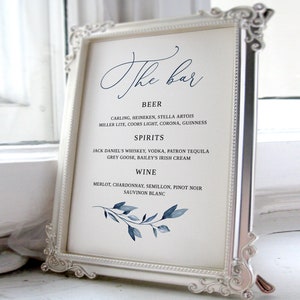Dusty Blue Wedding Bar Sign, The Bar Wedding Sign, Wedding Bar Menu Sign, Wedding Drinks Sign, Editable Template, Templett, #B63