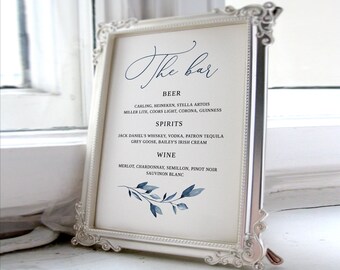 Dusty Blue Wedding Bar Sign, The Bar Wedding Sign, Wedding Bar Menu Sign, Wedding Drinks Sign, Editable Template, Templett, #B63