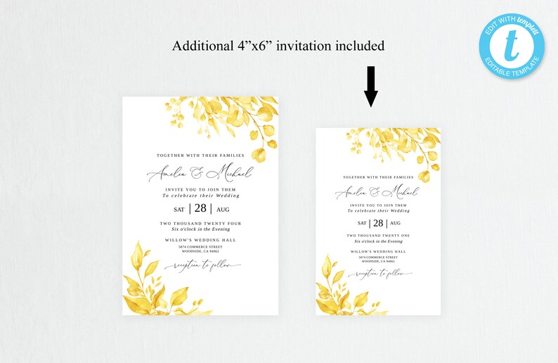 Watercolor Yellow Wedding Invitation Template, Yellow Invitation, Templett, #B154 image 4