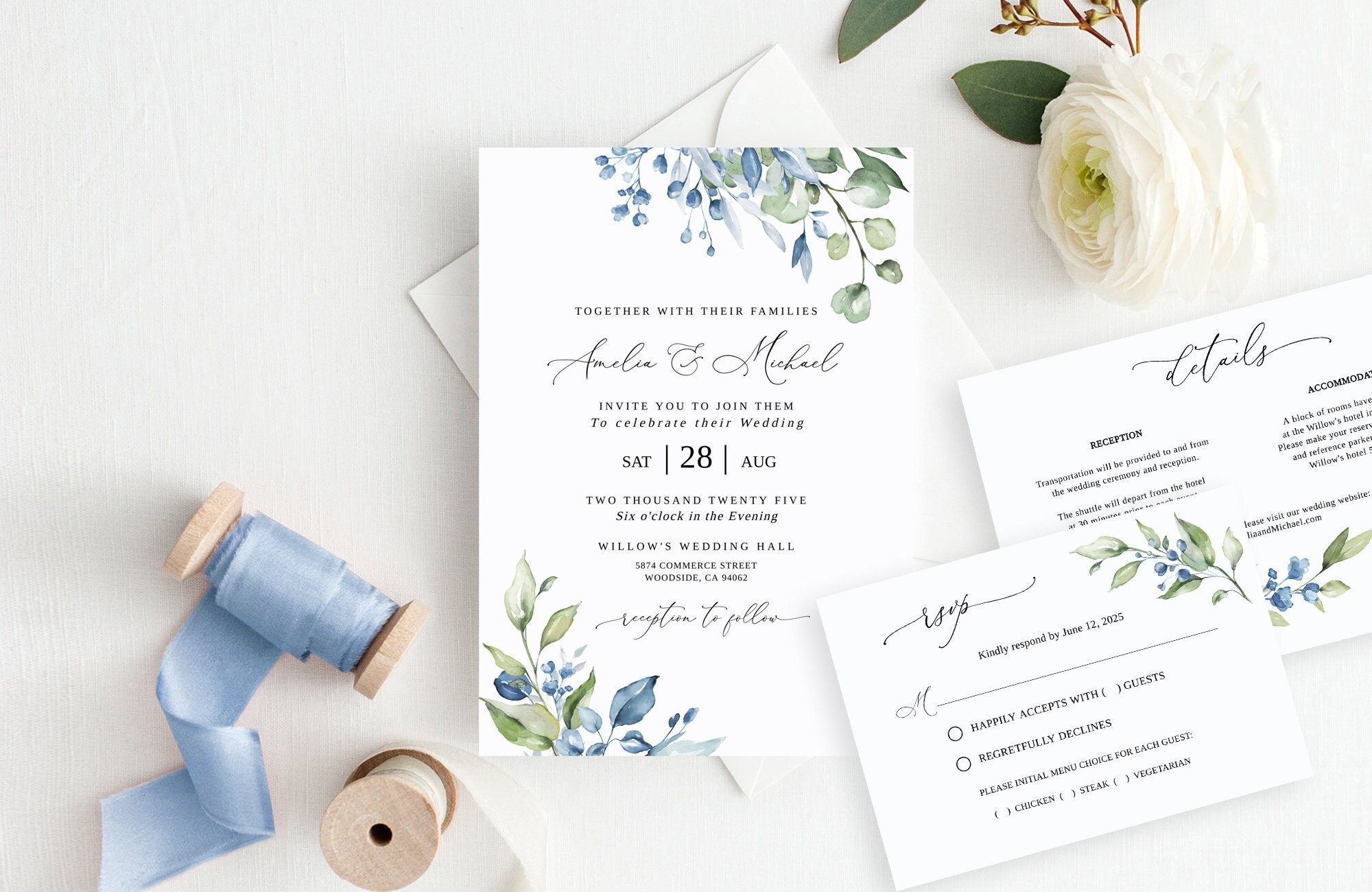 Dusty Blue Green Wedding Invitation Template, Dusty Blue Wedding Invitation, Greenery Wedding Invitation, Templett, #B163