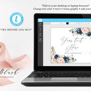 Navy Blush Floral Wedding Sign Template, Printable (Edit Yourself) image 5