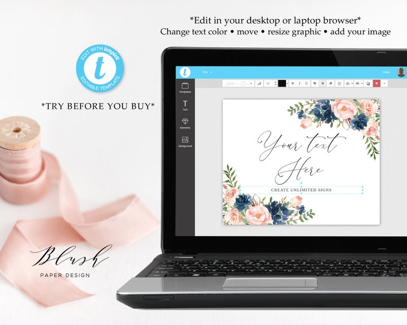 Navy Blush Floral Wedding Sign Template, Printable (Edit Yourself) image 5