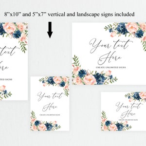 Navy Blush Floral Wedding Sign Template, Printable (Edit Yourself) image 3