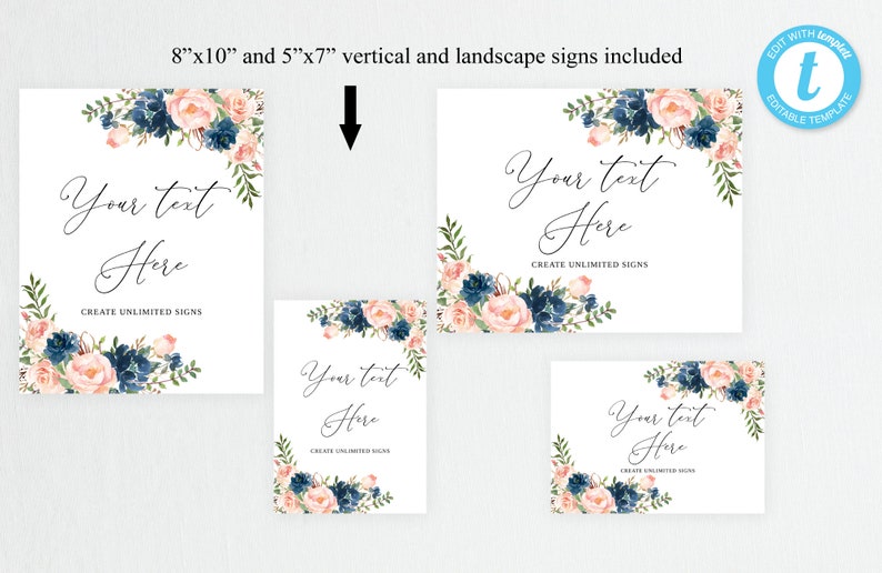 Navy Blush Floral Wedding Sign Template, Printable (Edit Yourself) image 3
