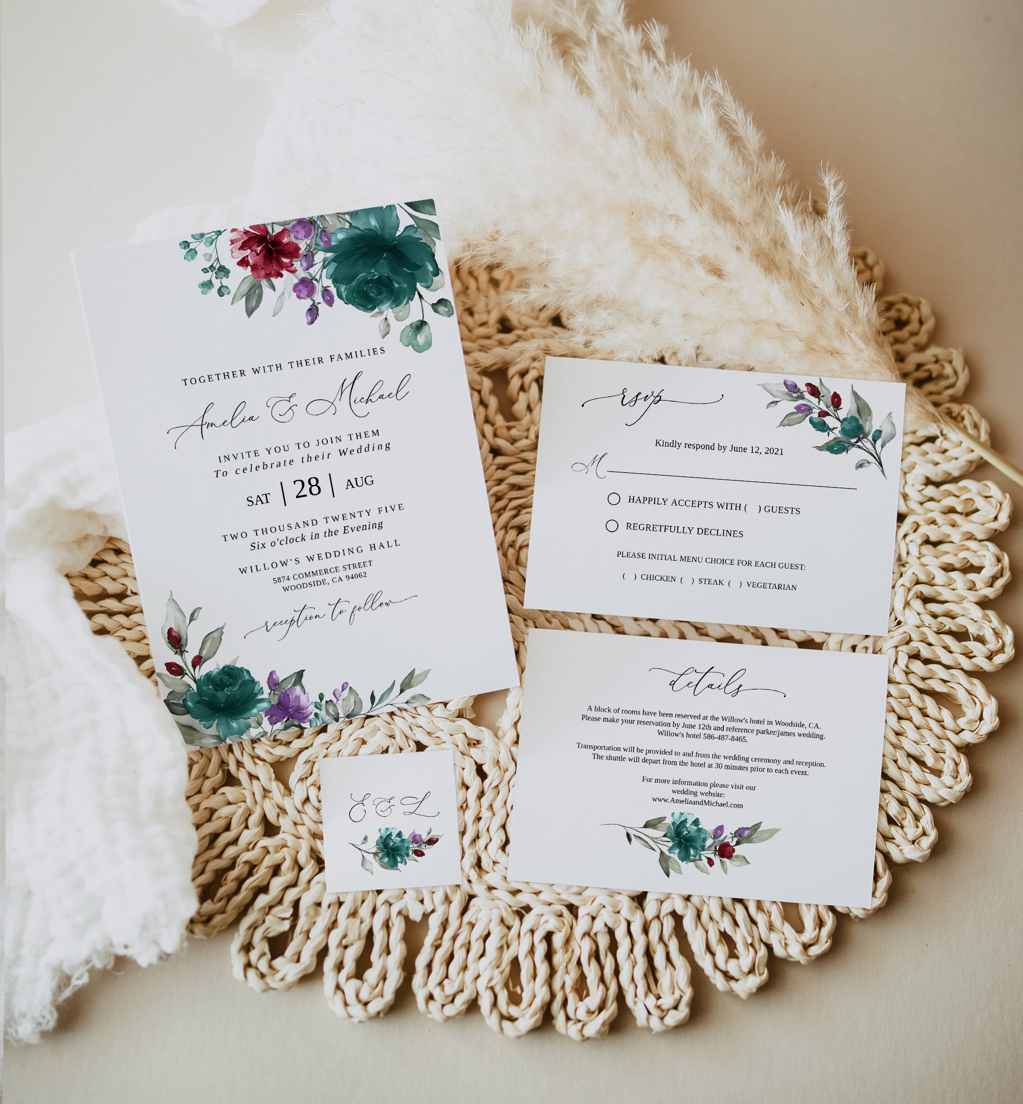 Burgundy Teal Purple Wedding Invitation Template, Floral