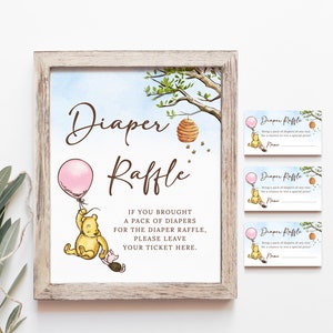 Winnie Puuh Baby Shower Windel Raffle Tickets und Schild Vorlage, Mädchen Babyparty Einsatz Winnie The Pooh Windel Raffle Spiel B189