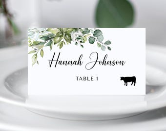 Editable Wedding Place Card Template With Meal Choice, Greenery Seating Name Cards, PB124