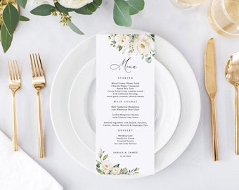 White Wedding Menu Template, Floral Wedding Menu Printable, Boho Wedding Menu, White Flowers, Templett, #B36