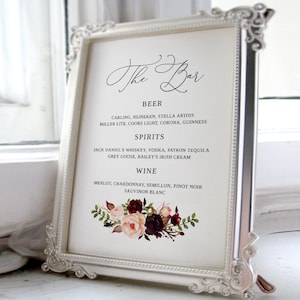 Signo de barra de bodas de Borgoña y rubor, signo de boda del bar, signo de menú de barra de bodas, signo de bebidas de boda, plantilla editable, Templett, #B82