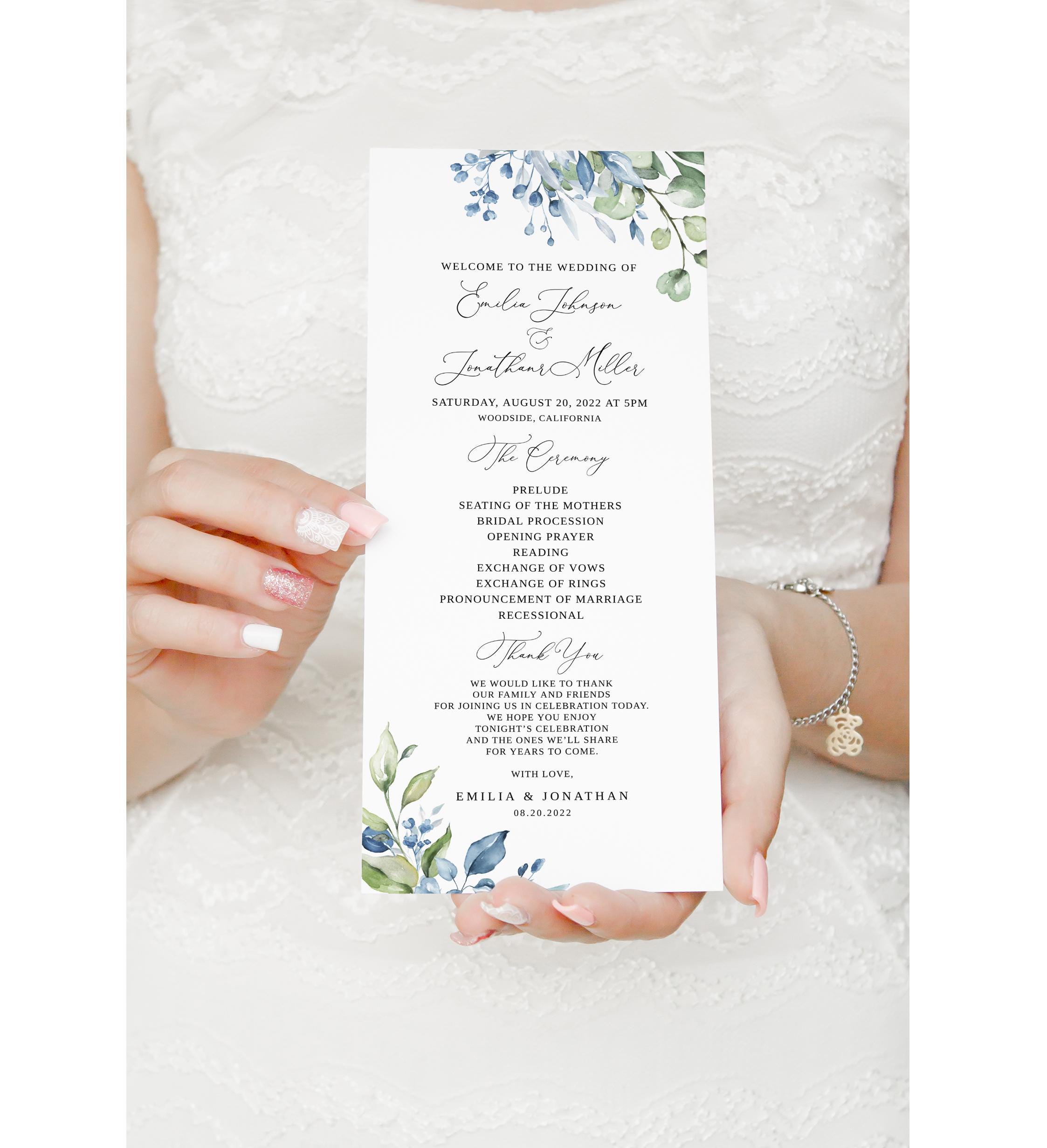 Dusty Blue and Green Wedding Program Template, Floral Wedding Program ...