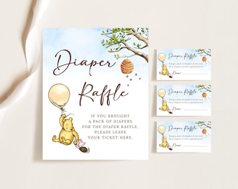 Winnie The Pooh Baby Shower Boletos para la rifa de pañales y letrero Género neutro Baby Shower Insertar Winnie-The-Pooh Juego de rifa de pañales B190