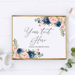 Navy Blush Floral Wedding Sign Template, Printable (Edit Yourself) image 2