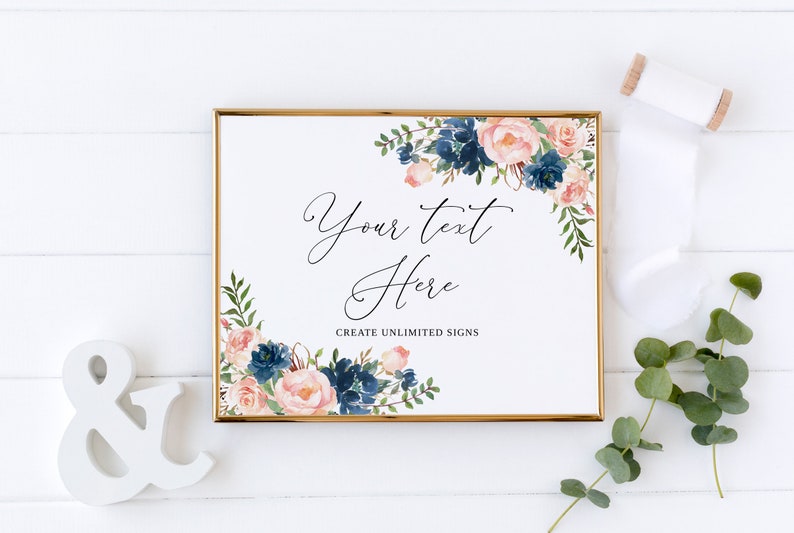 Navy Blush Floral Wedding Sign Template, Printable (Edit Yourself) image 2