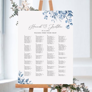 Stoffige blauwe bruiloft zitplaatsen grafiek sjabloon, bloemen bruiloft zitplaatsen grafiek, alfabetische zitplaatsen grafiek, zitplaatsen plan, Templett, #B63