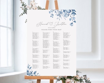Dusty Blue Wedding Seating Chart Template, Floral Wedding Seating Chart, Alphabetical Seating Chart, Seating Plan, Templett, #B63