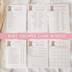 Babyshower-spelbundel teddybeer, 16 babyshowergames en -kaarten, bundel met babyshowerspellen, bewerkbaar gamepakket, B216