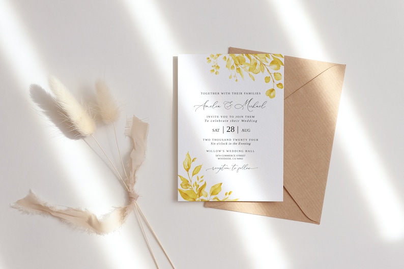 Watercolor Yellow Wedding Invitation Template, Yellow Invitation, Templett, #B154 image 2