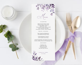 Dusty Purple Wedding Menu Template, Lavender Wedding Menu, Floral Wedding Menu Printable, Templett, #B64