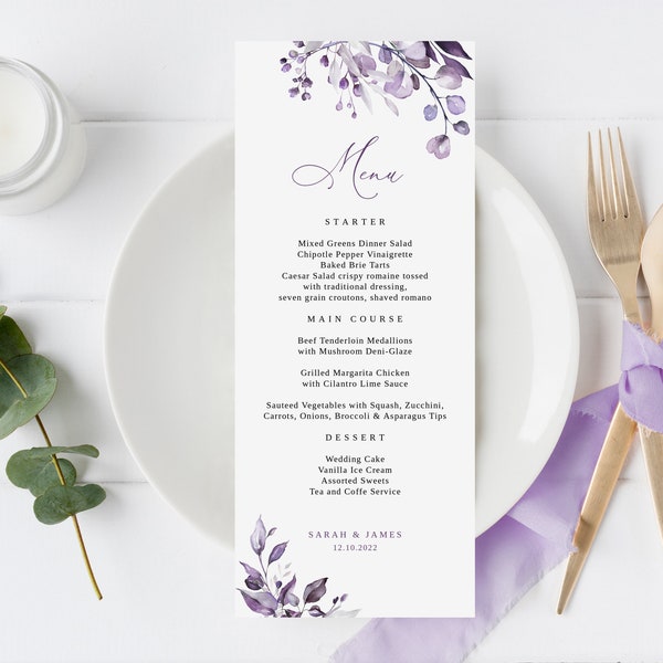Dusty Purple Wedding Menu Template, Lavender Wedding Menu, Floral Wedding Menu Printable, Templett, #B64