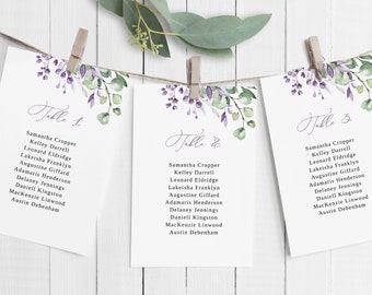 Purple and Green Wedding Seating Chart Cards Template, Hanging Seat Chart, Wedding Seating Plan, Wedding Seating Board, Templett, #B125