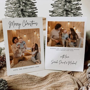 Minimalistische Foto-Weihnachtskarte, bearbeitbare Weihnachtsfotokartenvorlage, Boho-Feiertagskarte, minimalistische Foto-Weihnachtskarte, Familie, B127