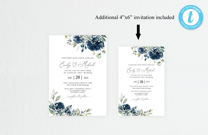 Navy and Baby's Breath Wedding Invitation Template Blue Etsy