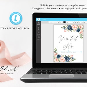 Navy Blush Floral Wedding Sign Template, Printable (Edit Yourself) image 4
