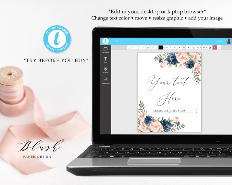 Navy Blush Floral Wedding Sign Template, Printable (Edit Yourself) image 4