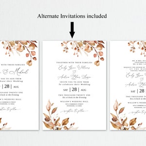 K&ouml;nnte beinhalten: Drei Hochzeitskarten-Designs mit Aquarell-Blumenillustrationen in Braun-, Beige- und Rosat&ouml;nen. Die Einladungen zeigen die Namen der Paare, das Hochzeitsdatum und den Ort der Zeremonie und des Empfangs. Der Text lautet "Gemeinsam mit ihren Familien laden Amelia & Michael Sie ein, sich ihnen anzuschlie&szlig;en, um ihre Hochzeit zu feiern, Sa | 28 | Aug, Zwei tausend einundzwanzig, Sechs Uhr abends, Willow's Wedding Hall, 3214 Commerce Street, Woodland, CA 91342, Empfang im Anschluss".