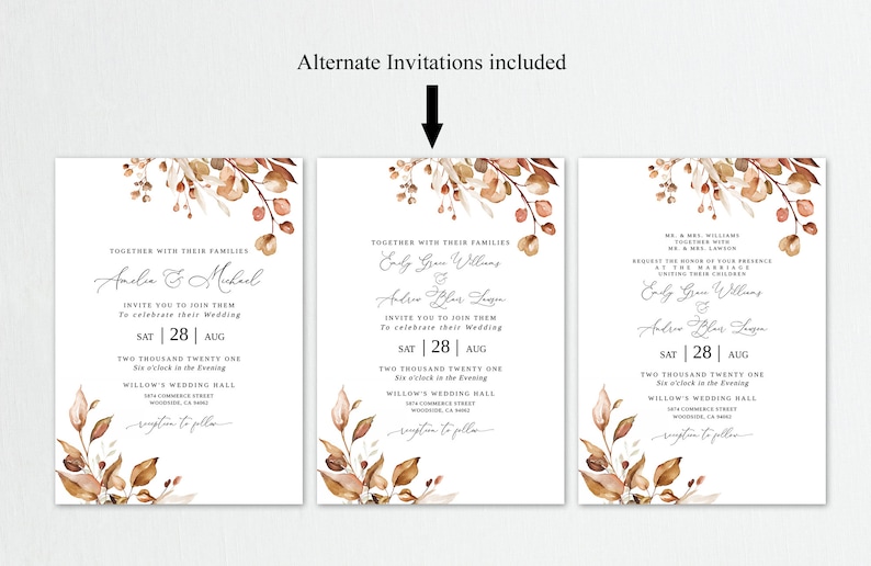 K&ouml;nnte beinhalten: Drei Hochzeitskarten-Designs mit Aquarell-Blumenillustrationen in Braun-, Beige- und Rosat&ouml;nen. Die Einladungen zeigen die Namen der Paare, das Hochzeitsdatum und den Ort der Zeremonie und des Empfangs. Der Text lautet "Gemeinsam mit ihren Familien laden Amelia & Michael Sie ein, sich ihnen anzuschlie&szlig;en, um ihre Hochzeit zu feiern, Sa | 28 | Aug, Zwei tausend einundzwanzig, Sechs Uhr abends, Willow's Wedding Hall, 3214 Commerce Street, Woodland, CA 91342, Empfang im Anschluss".