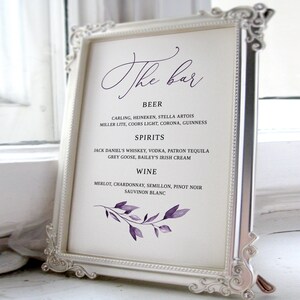Dusty Purple Wedding Bar Sign, The Bar Wedding Sign, Wedding Bar Menu Sign, Wedding Drinks Sign, Editable Template, Templett, #B64