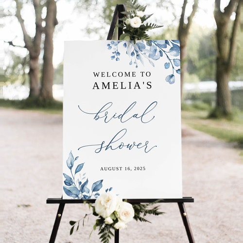Dusty Blue Bridal Shower Welcome Sign Template, Floral Blue Bridal Shower Welcome Sign, Bridal Brunch Sign, Bachelorette Party Decor , #B63
