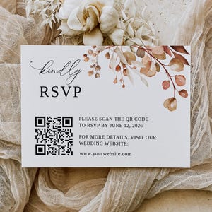 Réponse de code QR pour mariage d'automne, modèle de mariage avec code QR, RSVP avec code QR, carte-réponse de mariage orange brûlé, réponse en ligne, B62