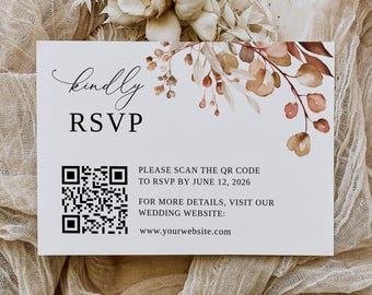 May include: A white card with a floral design in shades of brown and pink. The card has a QR code and text that reads "kindly RSVP, PLEASE SCAN THE QR CODE TO RSVP BY JUNE 12, 2026, FOR MORE DETAILS, VISIT OUR WEDDING WEBSITE: www.yourwebsite.com"