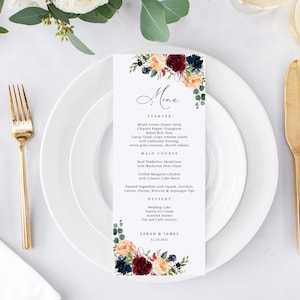 Modello di menu per matrimonio bordeaux blu navy arancione, menu per matrimonio marsala, menu per matrimonio floreale stampabile, menu per matrimonio boho, Templett, #B145