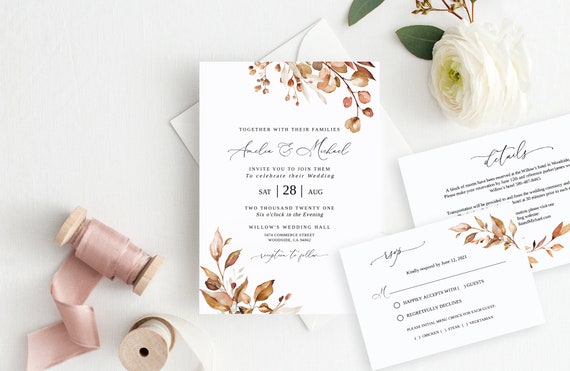 Fall Floral Wedding Invitation Template, Editable Autumn Design