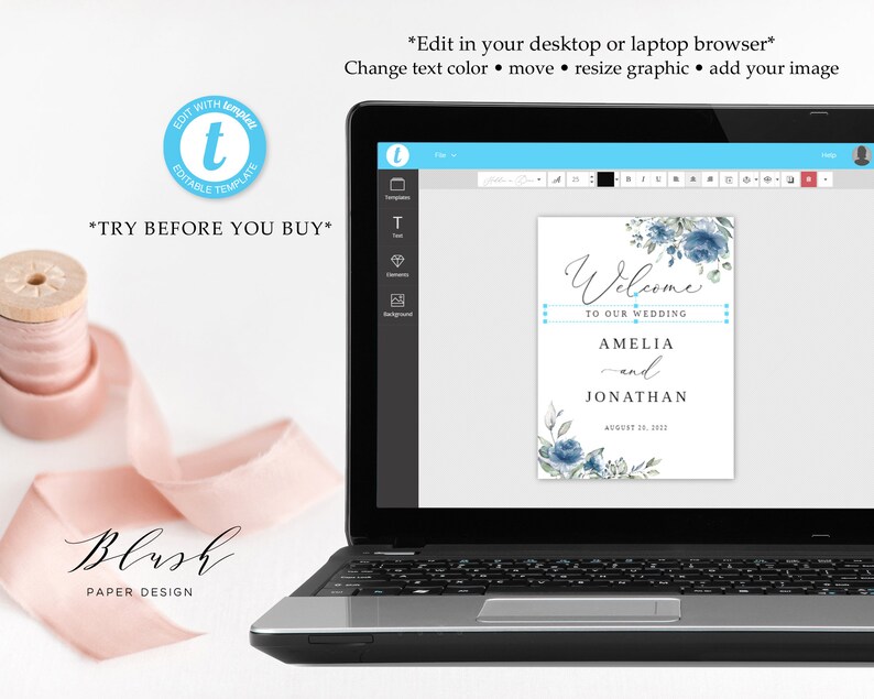 Printable Wedding Sign #B97 Dusty Blue Wedding Welcome Sign Template Templett Blue Floral Wedding Welcome Sign