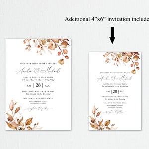 K&ouml;nnte beinhalten: Zwei Hochzeitseinladungen mit einem Aquarell-Blumendesign in Braun- und Beiget&ouml;nen. Die gr&ouml;&szlig;ere Einladung ist 13x18 cm gro&szlig; und die kleinere 10x15 cm. Der Text auf den Einladungen lautet "Amelia & Michael" und "Gemeinsam mit ihren Familien laden sie Sie ein, mit ihnen ihre Hochzeit zu feiern, Sa | 28 | Aug, Zwei tausend einundzwanzig, Sechs Uhr abends, Willow's Wedding Hall, 507 Commerce Street, Woodhaven, CA 94103, Empfang im Anschluss."