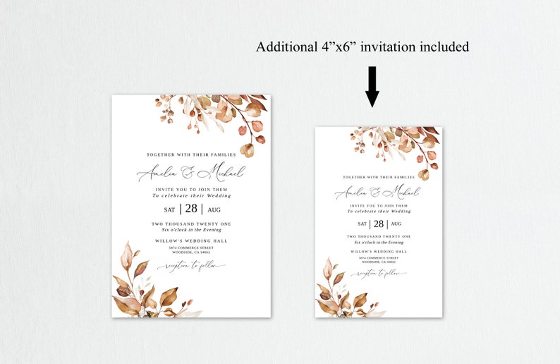 K&ouml;nnte beinhalten: Zwei Hochzeitseinladungen mit einem Aquarell-Blumendesign in Braun- und Beiget&ouml;nen. Die gr&ouml;&szlig;ere Einladung ist 13x18 cm gro&szlig; und die kleinere 10x15 cm. Der Text auf den Einladungen lautet "Amelia & Michael" und "Gemeinsam mit ihren Familien laden sie Sie ein, mit ihnen ihre Hochzeit zu feiern, Sa | 28 | Aug, Zwei tausend einundzwanzig, Sechs Uhr abends, Willow's Wedding Hall, 507 Commerce Street, Woodhaven, CA 94103, Empfang im Anschluss."