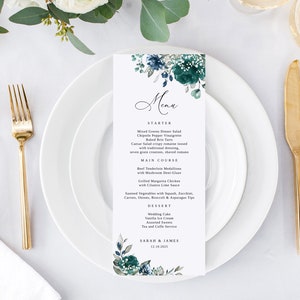 Modèle de menu de mariage bleu sarcelle, Menu de mariage bleu sarcelle, Menu de mariage floral imprimable, Menu de mariage Boho, Templett, # B167