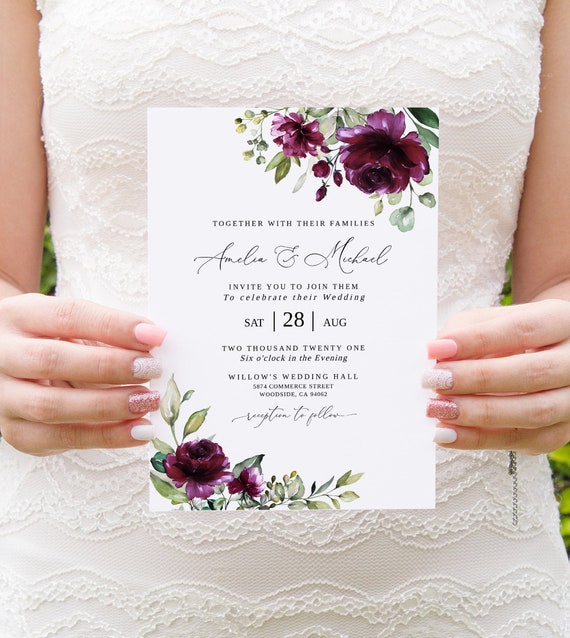 Plum Wedding Invitation Template Dark Purple Wedding - Etsy