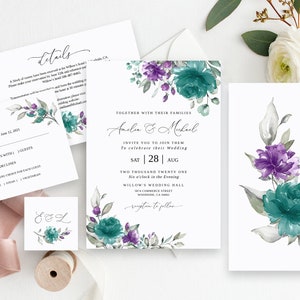 Teal and Purple Wedding Invitation Template, Teal and Lavender Wedding Invitation, Floral Wedding Invitation, Templett, #B16