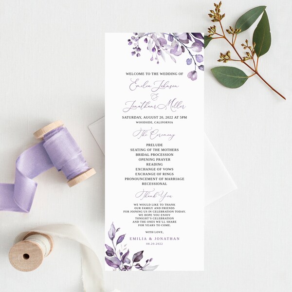 Modèle de programme de mariage violet poussiéreux, programme de mariage lavande, programme de mariage floral imprimable, Templett, #B64