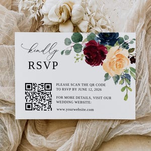 Codice QR RSVP per matrimonio bordeaux blu navy arancione, modello codice QR, RSVP con codice QR, biglietto di risposta per matrimonio autunnale, RSVP online, B145
