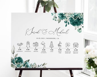 Teal Baby's Breath Order of Events Template, Teal Wedding Timeline Sign, Wedding Schedule Template, Order of the Day, Templett, #B164