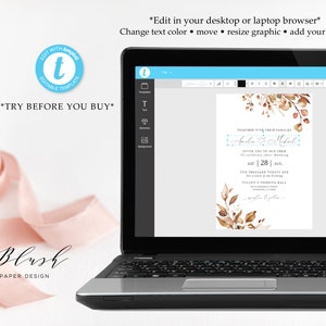 K&ouml;nnte beinhalten: Ein Laptop-Bildschirm zeigt eine Hochzeitseinladungsvorlage mit einem Aquarelldesign aus Bl&auml;ttern und Zweigen in Braun- und Beiget&ouml;nen. Der Text auf der Einladung lautet: "Gemeinsam mit ihren Familien laden Auln & Mabul Sie ein, ihre Hochzeit zu feiern, Sa | 28 | Aug, Zwei tausend einundzwanzig, um 18 Uhr, Millow's Wedding Mall".