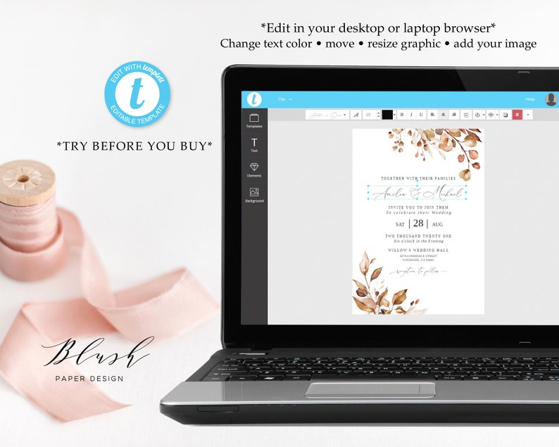 K&ouml;nnte beinhalten: Ein Laptop-Bildschirm zeigt eine Hochzeitseinladungsvorlage mit einem Aquarelldesign aus Bl&auml;ttern und Zweigen in Braun- und Beiget&ouml;nen. Der Text auf der Einladung lautet: "Gemeinsam mit ihren Familien laden Auln & Mabul Sie ein, ihre Hochzeit zu feiern, Sa | 28 | Aug, Zwei tausend einundzwanzig, um 18 Uhr, Millow's Wedding Mall".