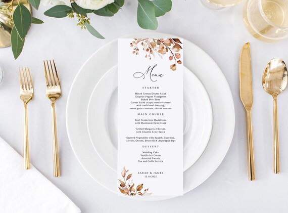 Fall Wedding Menu Template, Autumn Wedding Menu, Printable Menu, Dinner Menu Card, Wedding Menu Card, Templett, #B62