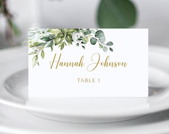 Editable Wedding Place Card Template, Greenery Seating Card, Name Cards, Printable Place Cards, Templett, PB128